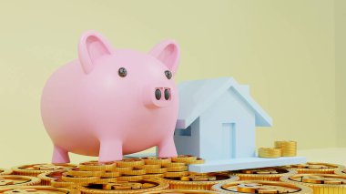 Emlak konsepti için iş kredileri, dolarlarla dolu bir Pink Piggy bankası. Tasarruf parası. Corona virüsü COVID-19 'u önlemek için evden çalışıyorum. 3d oluşturma.