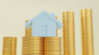 Gayrimenkul konsepti için iş kredileri, madeni paraları olan bir ev. Tasarruf parası ve... Corona virüsü COVID-19 'u önlemek için evden çalışıyorum. 3d oluşturma.