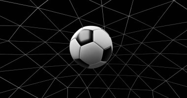 Futbol topu ağda, arka planda 33D bir çizim yapıyor..