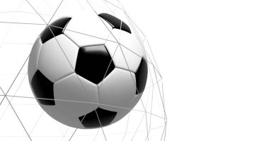 Ağdaki futbol topu, beyaz arka plan 33D renkte..