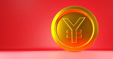 Kırmızı arka planda Çin Yuan altın sikkelerinin dijital versiyonu. Finansal yüksek teknoloji tarzı para birimi Elektronik Ödeme içeriği 3D oluşturma.
