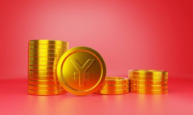 Kırmızı arka planda Çin Yuan altın sikkelerinin dijital versiyonu. Finansal yüksek teknoloji tarzı para birimi Elektronik Ödeme içeriği 3D oluşturma.