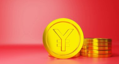 Kırmızı arka planda Çin Yuan altın sikkelerinin dijital versiyonu. Finansal yüksek teknoloji tarzı para birimi Elektronik Ödeme içeriği 3D oluşturma.