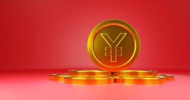 Kırmızı arka planda Çin Yuan altın sikkelerinin dijital versiyonu. Finansal yüksek teknoloji tarzı para birimi Elektronik Ödeme içeriği 3D oluşturma.