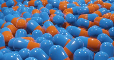 3D mavi ve turuncu haplar Corona virüsü Covid-19. Pandemik Koruma Covid-19 aşı kapsülü bilim biyokimyasal tıbbi konsept.