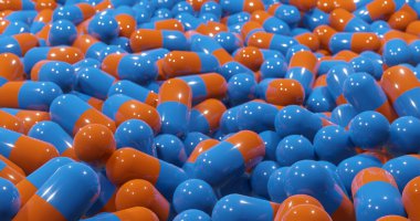 3D mavi ve turuncu haplar Corona virüsü Covid-19. Pandemik Koruma Covid-19 aşı kapsülü bilim biyokimyasal tıbbi konsept.