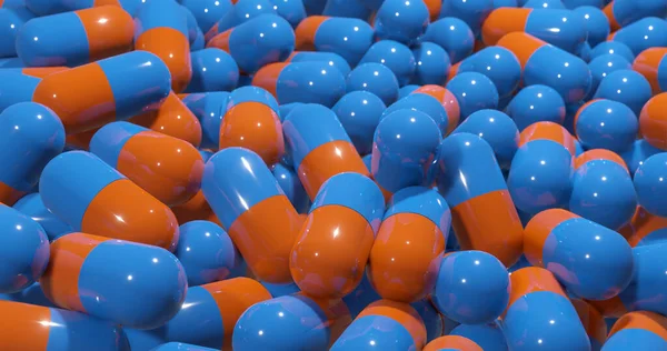 3d rendering of blue and orange pills Corona virus Covid-19. Pandemic Protection Covid-19 vaccine capsule science biochemical medical concept.