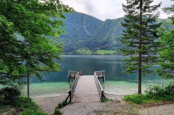 Passarela de madeira que conduz ao Lago Bohinj na Eslovénia — Fotografia de Stock