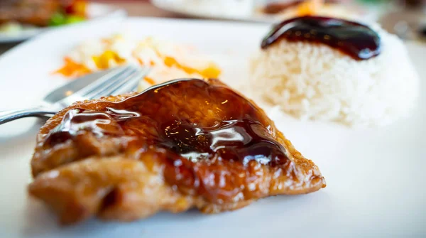 Close up of rice chicken steak — Stock Photo, Image