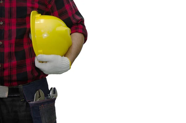 Construction Worker Holding Yellow Helmet White Background — Stock Photo, Image