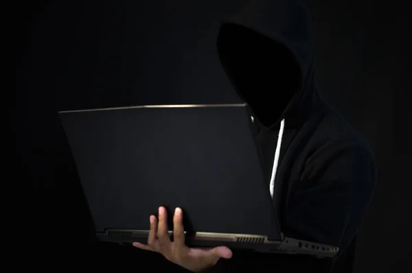 Хакер Толстовке Затемненное Темное Лицо Воровство Данных Интернет Мошенничество Даркнет — стоковое фото