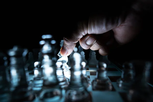 Concept Business Competition Close Businessman Holding Glass Chess — Stock Photo, Image