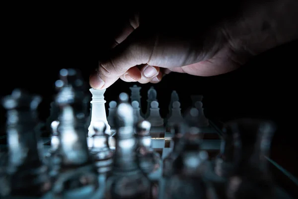 Concept Business Competition Close Businessman Holding Glass Chess — Stock Photo, Image