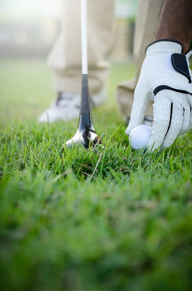 Hand Zetten Golfbal Tee Met Club Golfbaan — Stockfoto