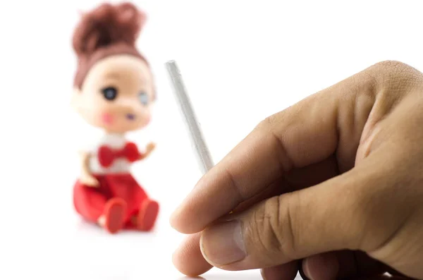 Hand Holding Cigarette Small Doll Background — Stock Photo, Image