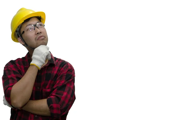 Trabajador Construcción Casco Amarillo Sobre Fondo Blanco — Foto de Stock