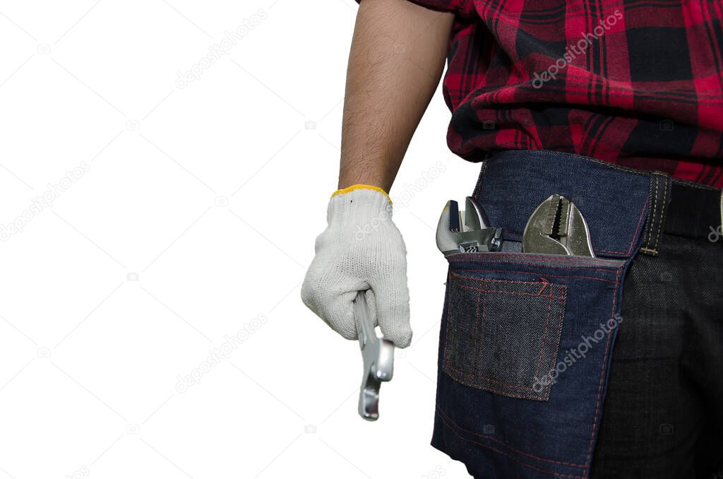 a young man with a tool belt isolated on white background