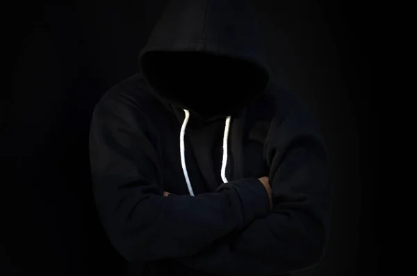 Computer Hacker Hoodie Obscured Dark Face Data Thief Internet Fraud — Stock Photo, Image