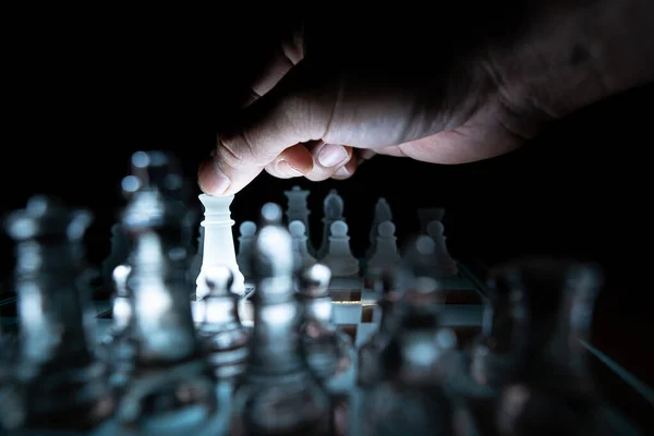 Concept Business Competition Close Businessman Holding Glass Chess — Stock Photo, Image
