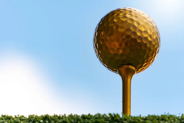 Bola Golfe Ouro Pino Com Uma Luz Brilhante Vitória Final — Fotografia de Stock