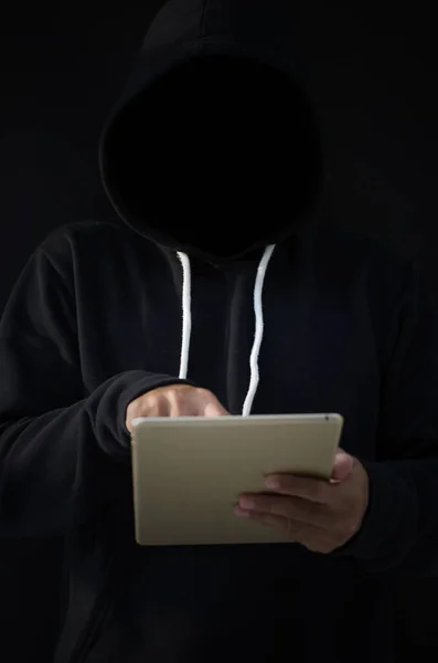 Computer Hacker Hoodie Obscured Dark Face Data Thief Internet Fraud — Stock Photo, Image