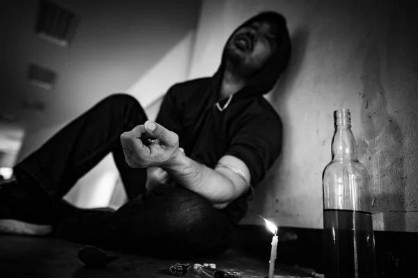Addicted Asian Man Suffering Depression — Stock Photo, Image