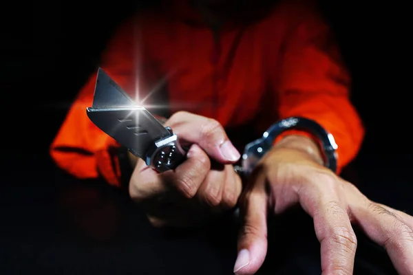 Close Male Hands Handcuffs Knife — Stock Photo, Image