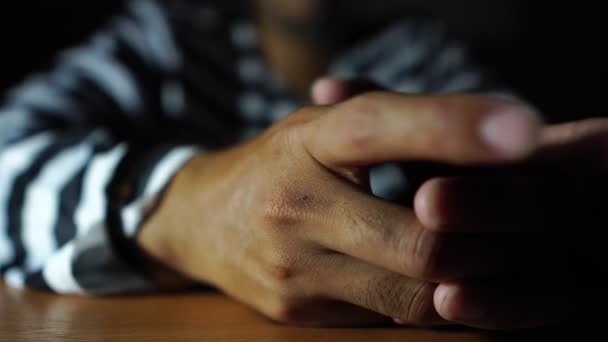 Footage Prisoner Stripes Uniform Handcuffs Stressed Making Mistake His Own — Stock Video