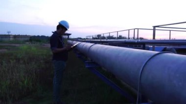 Erkek mühendis, 4K tablet görüntüleriyle atık su tedavisini izliyor.