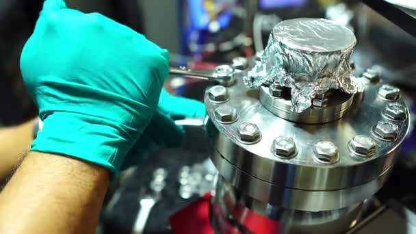 Footage Engineers Setting Accessories Parts Synchrotron — Stock Video