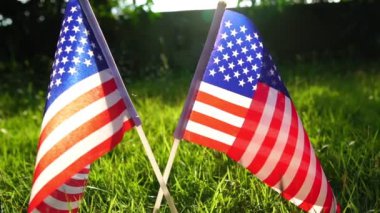 Yeşil çimlerin üzerinde sallanan iki ABD bayrağı