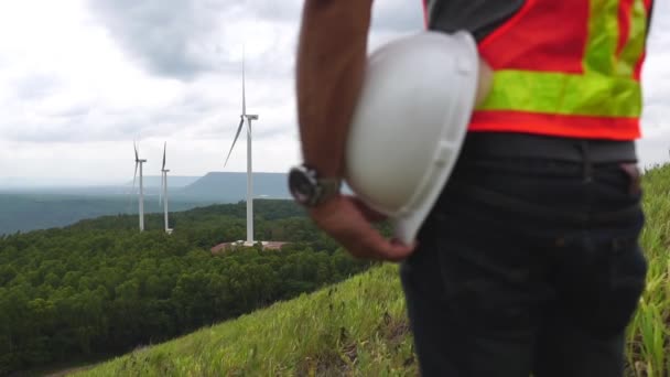 Asian Engineers Checking Wind Turbine System Tablet — Stok video