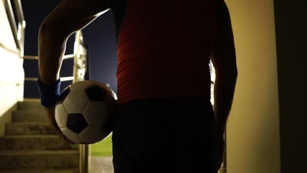 Football Referee Holding Ball Went Field — Stockvideo