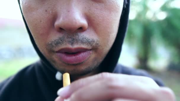 Footage Asian Young Man Smoking Cigarette — Stock Video