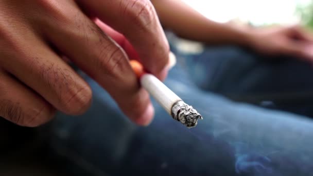 Aziatische Mannen Roken Buiten Het Park Beelden Slow Motion — Stockvideo