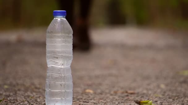 Азиатский Бегун Бежит Открытом Воздухе Живописной Природе Бутылка Водой Переднем — стоковое видео