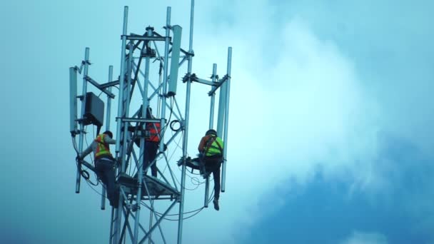 The technicians are installing the device on a communication — Stock Video