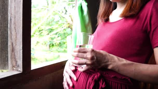 Ung Gravid Kvinna Står Nära Fönstret Dricksvatten — Stockvideo