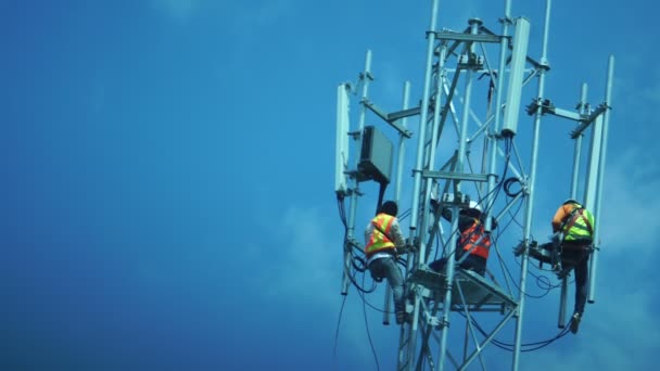 The technicians are installing the device on a communication — Stock Video