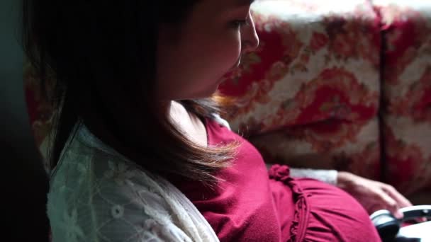 Jeune Femme Enceinte Assise Sur Canapé Musical — Video