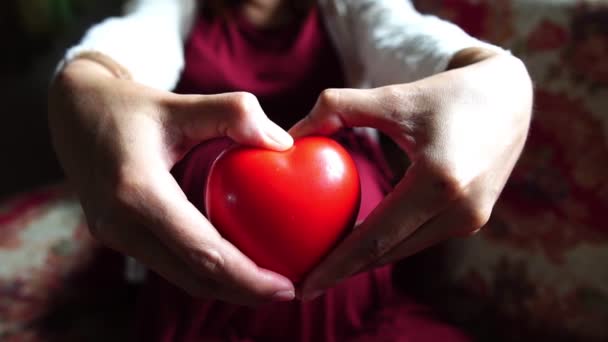 Mujer Embarazada Joven Que Tiene Juguetes Corazón Rojo — Vídeo de stock