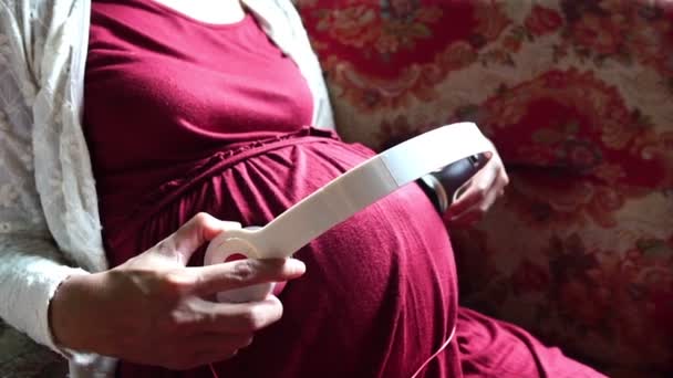 Jeune Femme Enceinte Assise Sur Canapé Musical — Video