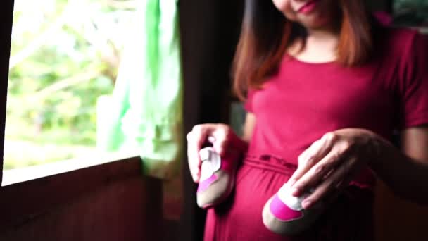 Ung Gravid Kvinna Som Håller Babysockor — Stockvideo