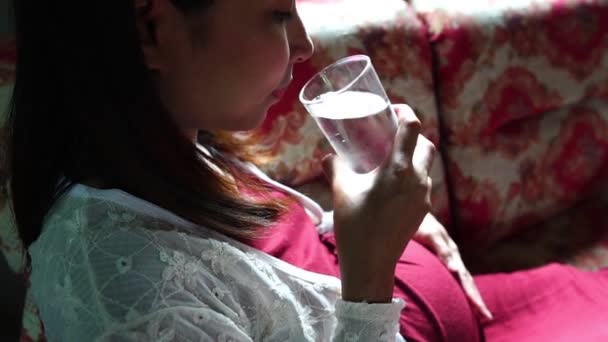 Mujer Embarazada Joven Sentada Sofá Agua Potable — Vídeo de stock