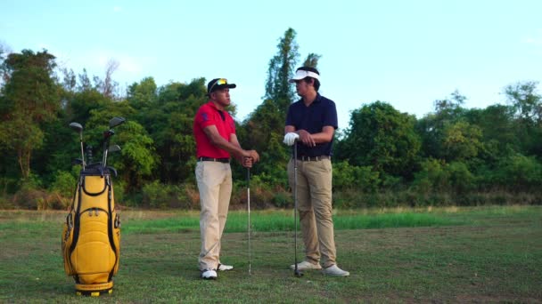 Asiático Homens Jogando Golfe Prado — Vídeo de Stock