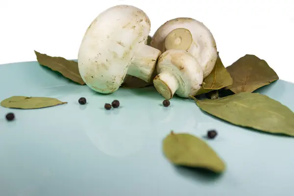 Şampiyon mantarlar koyu yapraklı ve mavi tabakta siyah biberli beyaz arka planda izole edilmiş