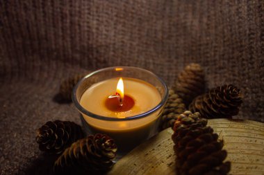 Kahverengi kazağında mum ve koni olan bir Noel kartı. Ülke tarzında koyu renkli görüntü