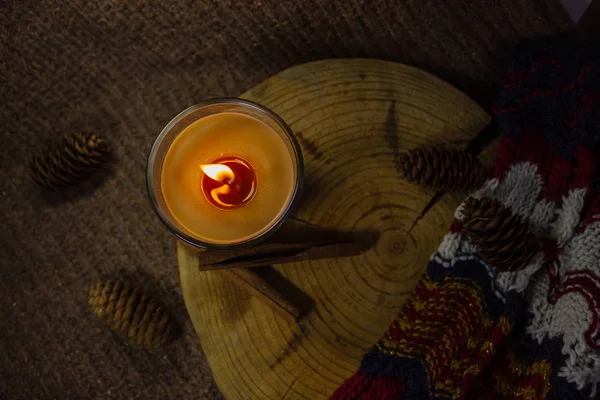 Dark Wooden Background Cinnamon Candle Stands — Stock Photo, Image