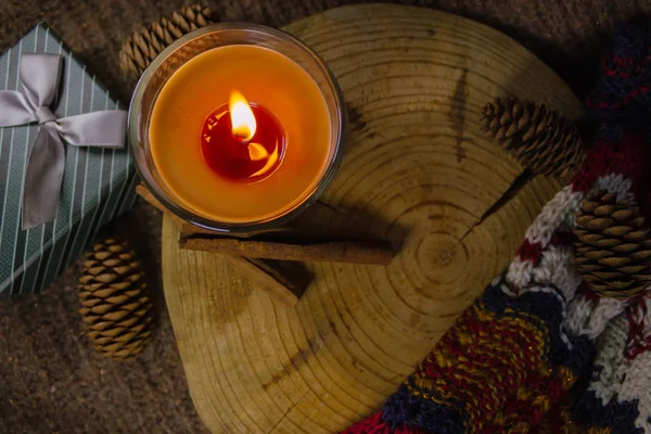 Cozy Christmas Eve dinner. Tea time in the winter. Lighted candles.