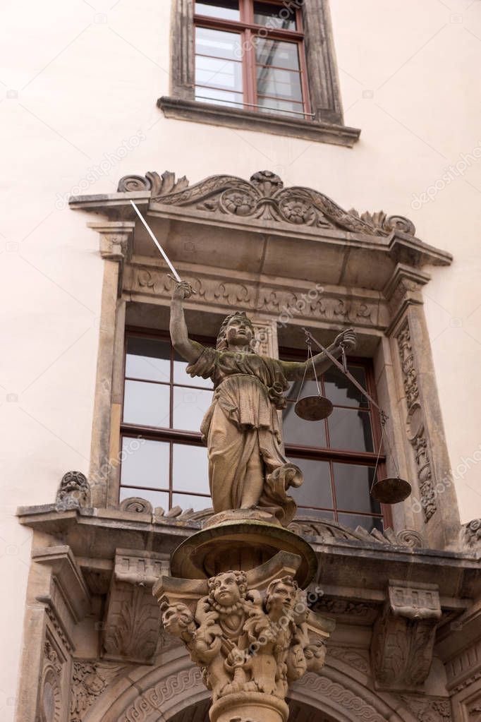 Sculpture of Lady Justice (Justitia) from 1591 at the old town of Goerlitz